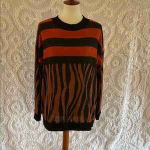 Dantelle Striped and Animal Print Sweater Super Soft Black & Orange
